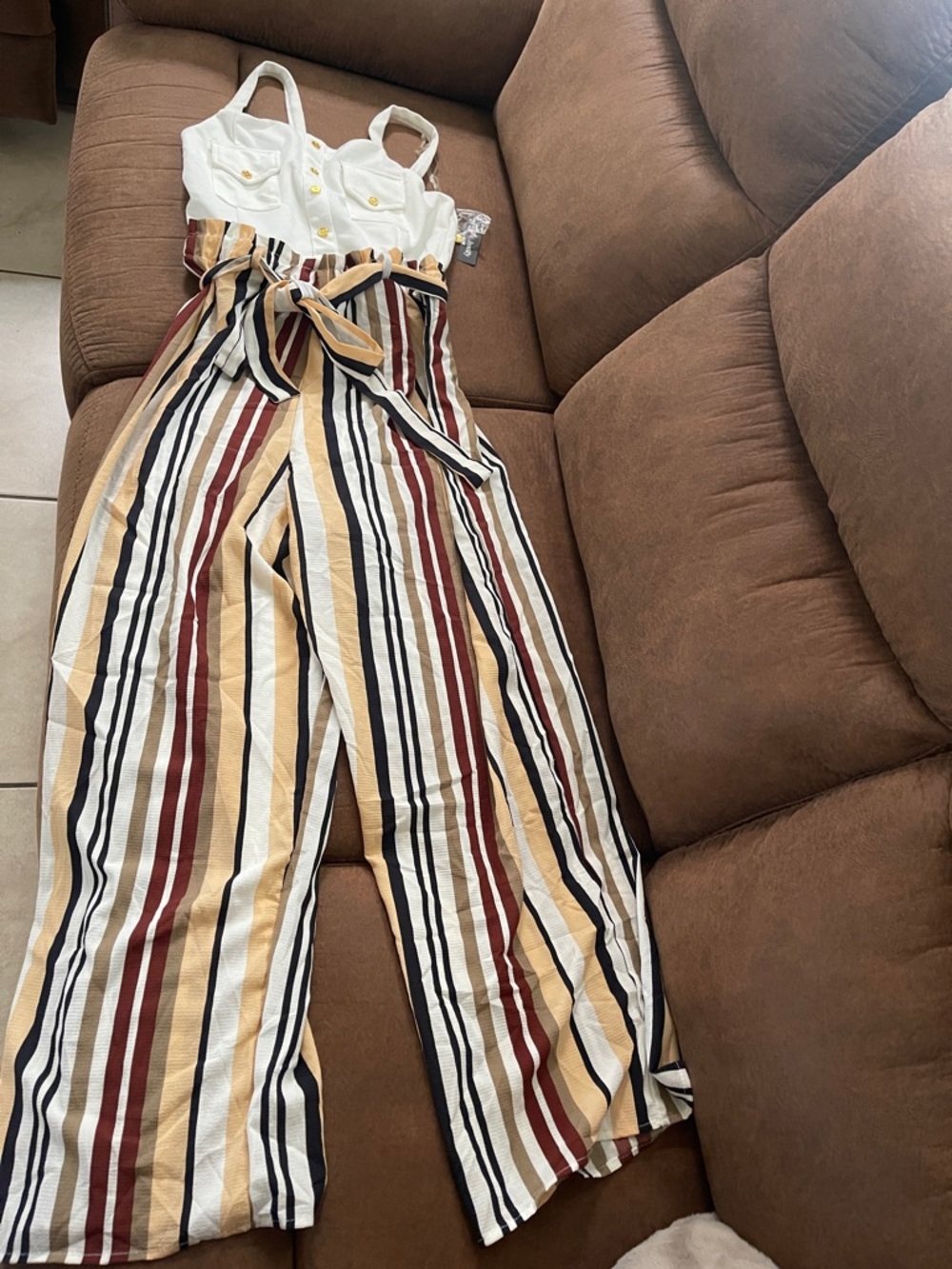 Striped Wide-Leg Jumpsuit with Tie Waist - White & Multi